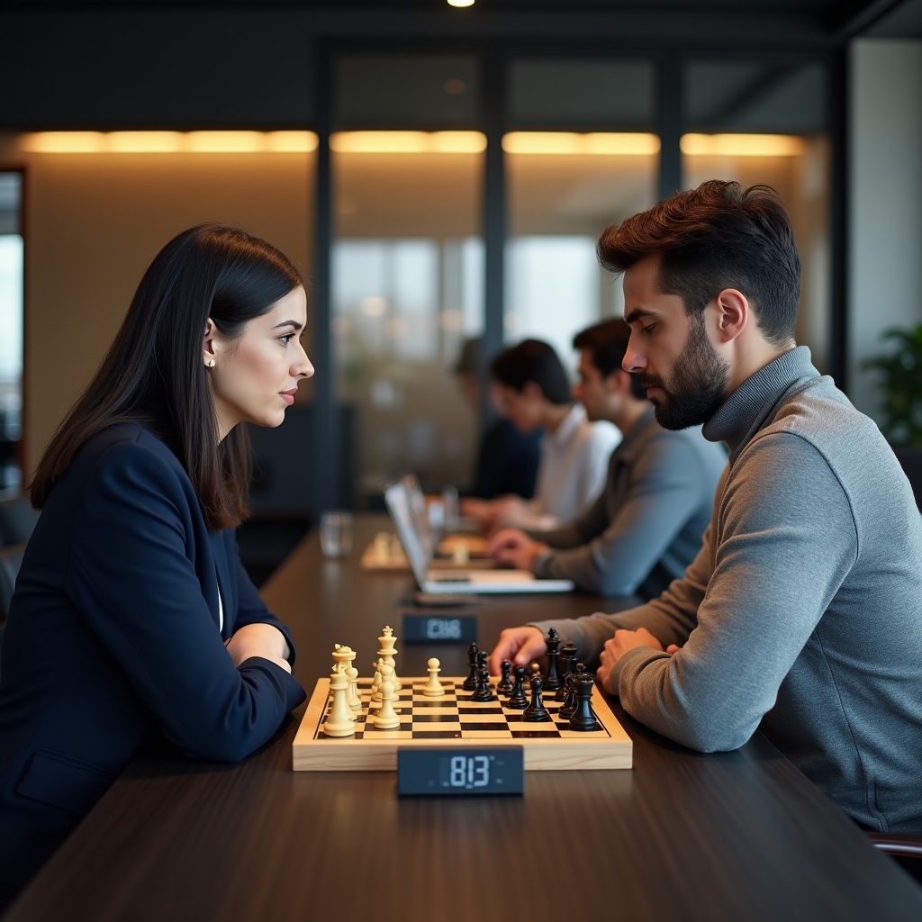 Команда играет в шахматы на корпоративном мероприятии